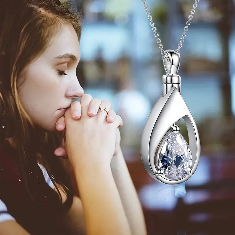 Sterling Silver Cremation Jewelry Memorial CZ Teardrop Ashes Keepsake Urns Pendant Necklace Ashes Jewelry Gifts Urn Necklace