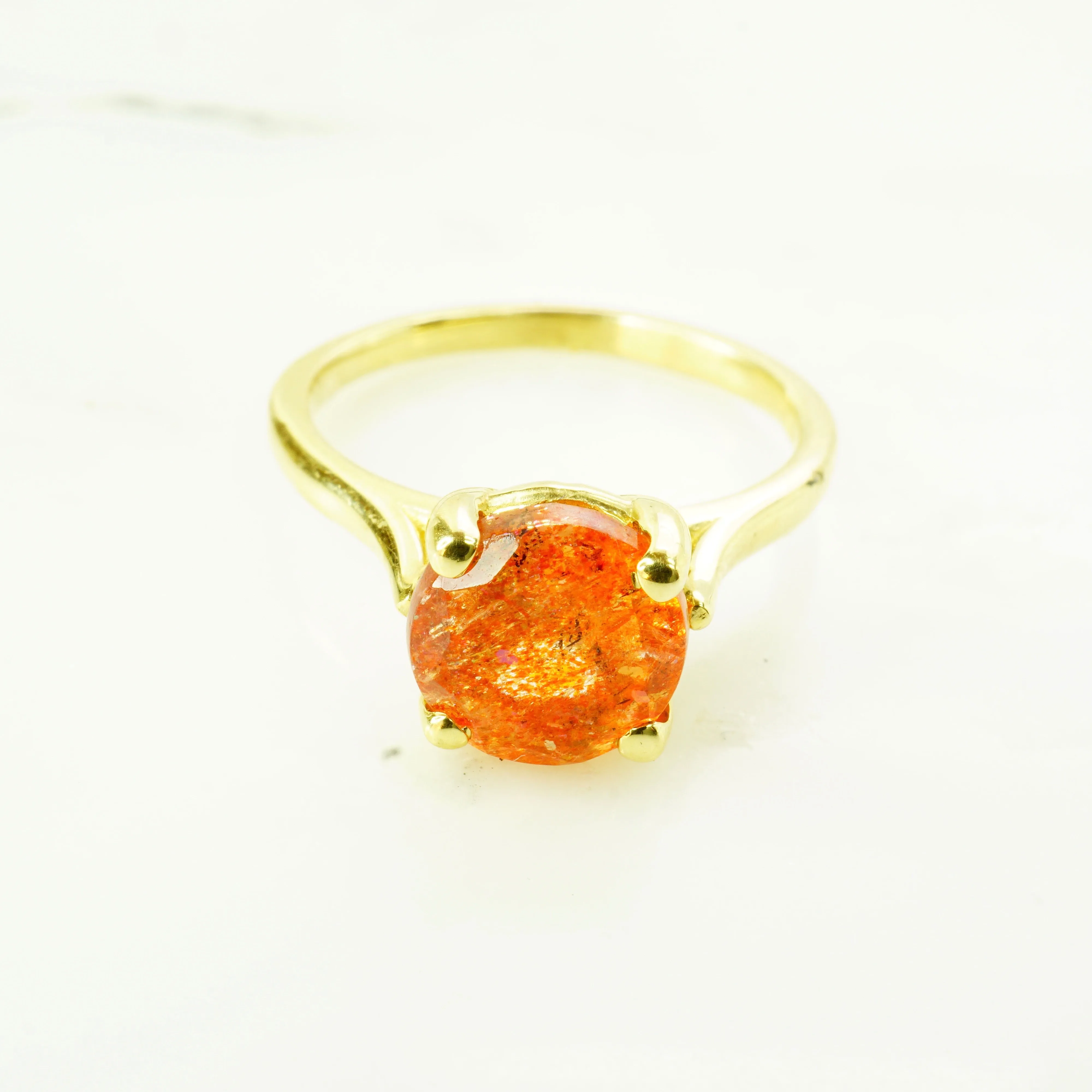 Sunstone Solitaire Ring - Round Sunstone Gold Ring - 14k Sunstone Ring - Orange Sunstone Ring