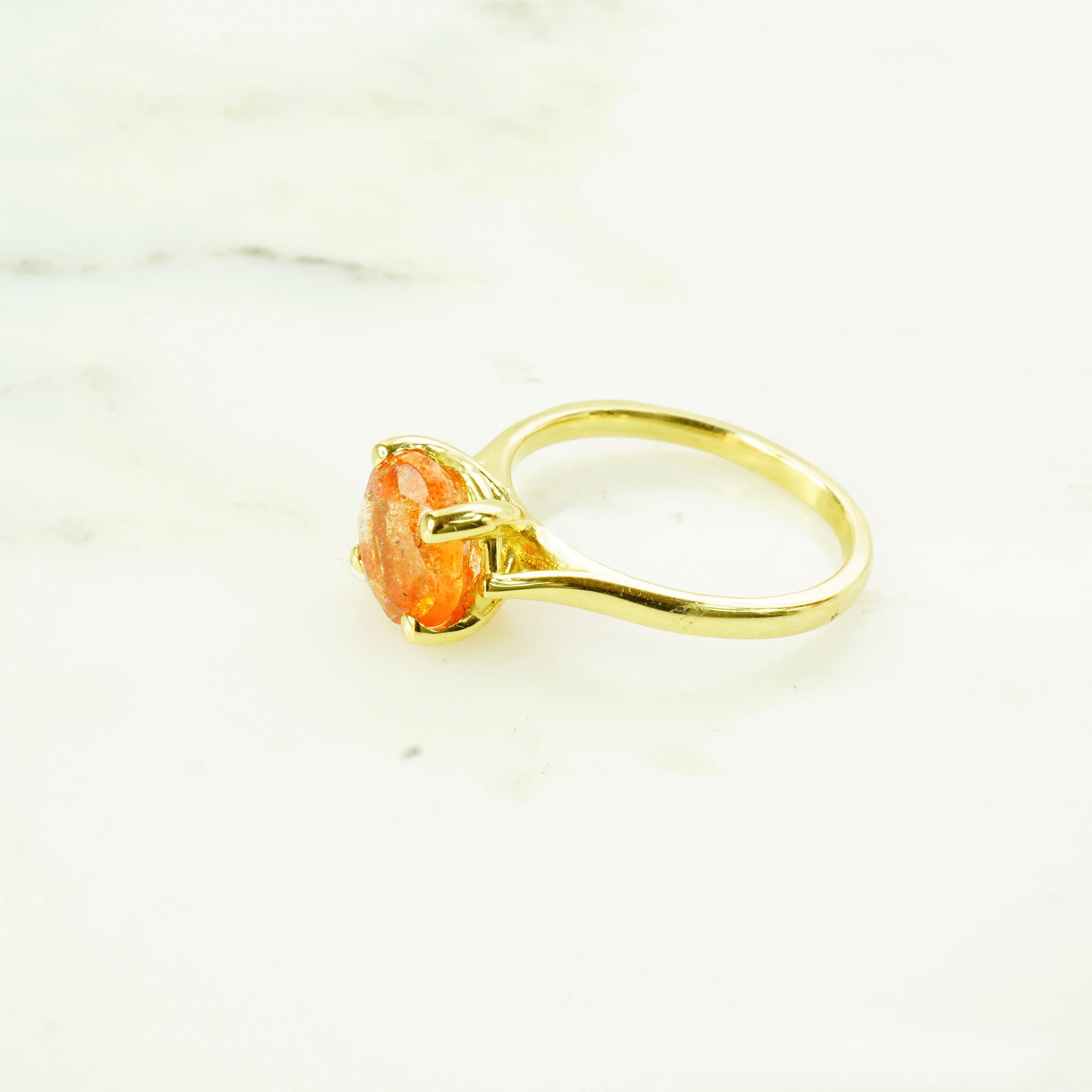 Sunstone Solitaire Ring - Round Sunstone Gold Ring - 14k Sunstone Ring - Orange Sunstone Ring