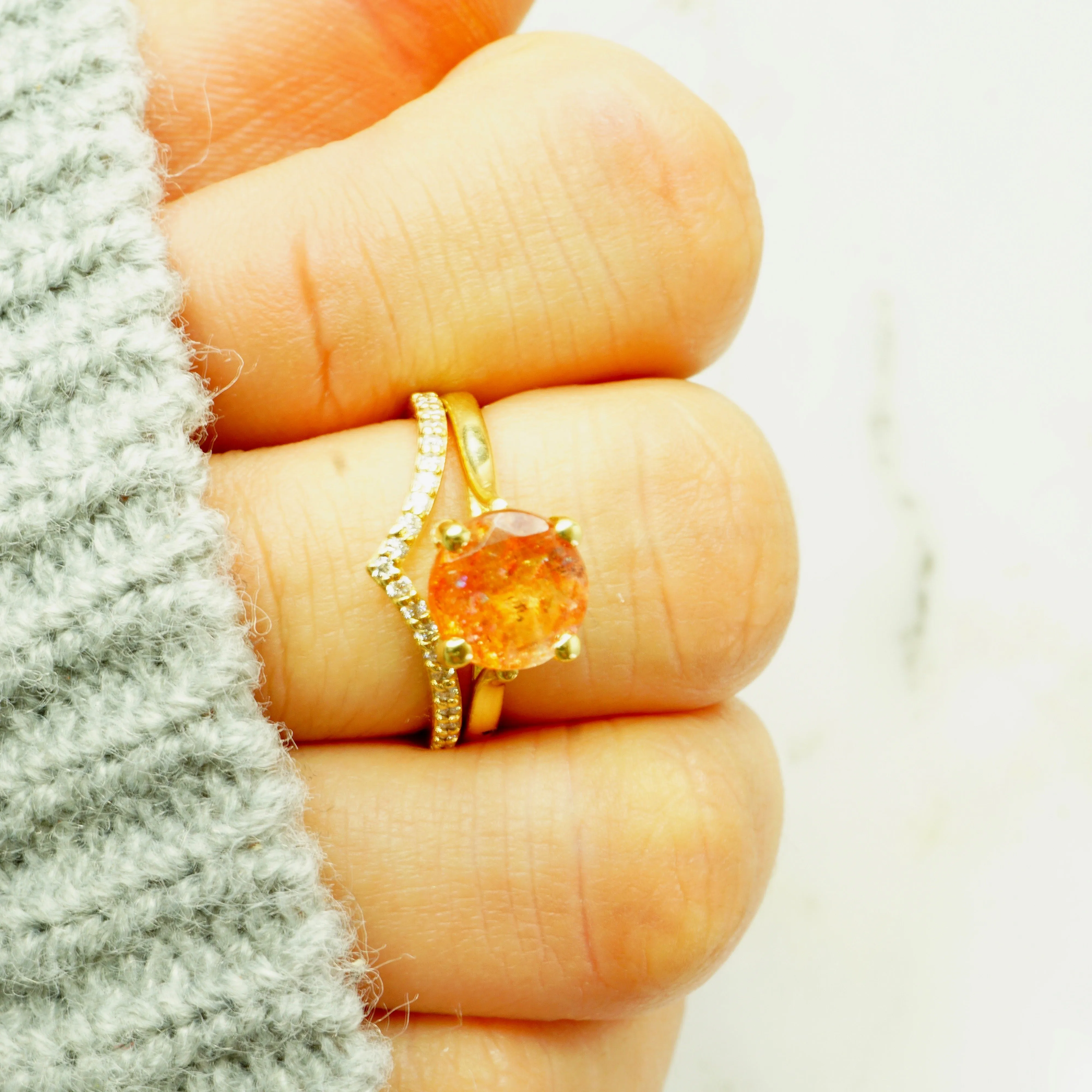 Sunstone Solitaire Ring - Round Sunstone Gold Ring - 14k Sunstone Ring - Orange Sunstone Ring