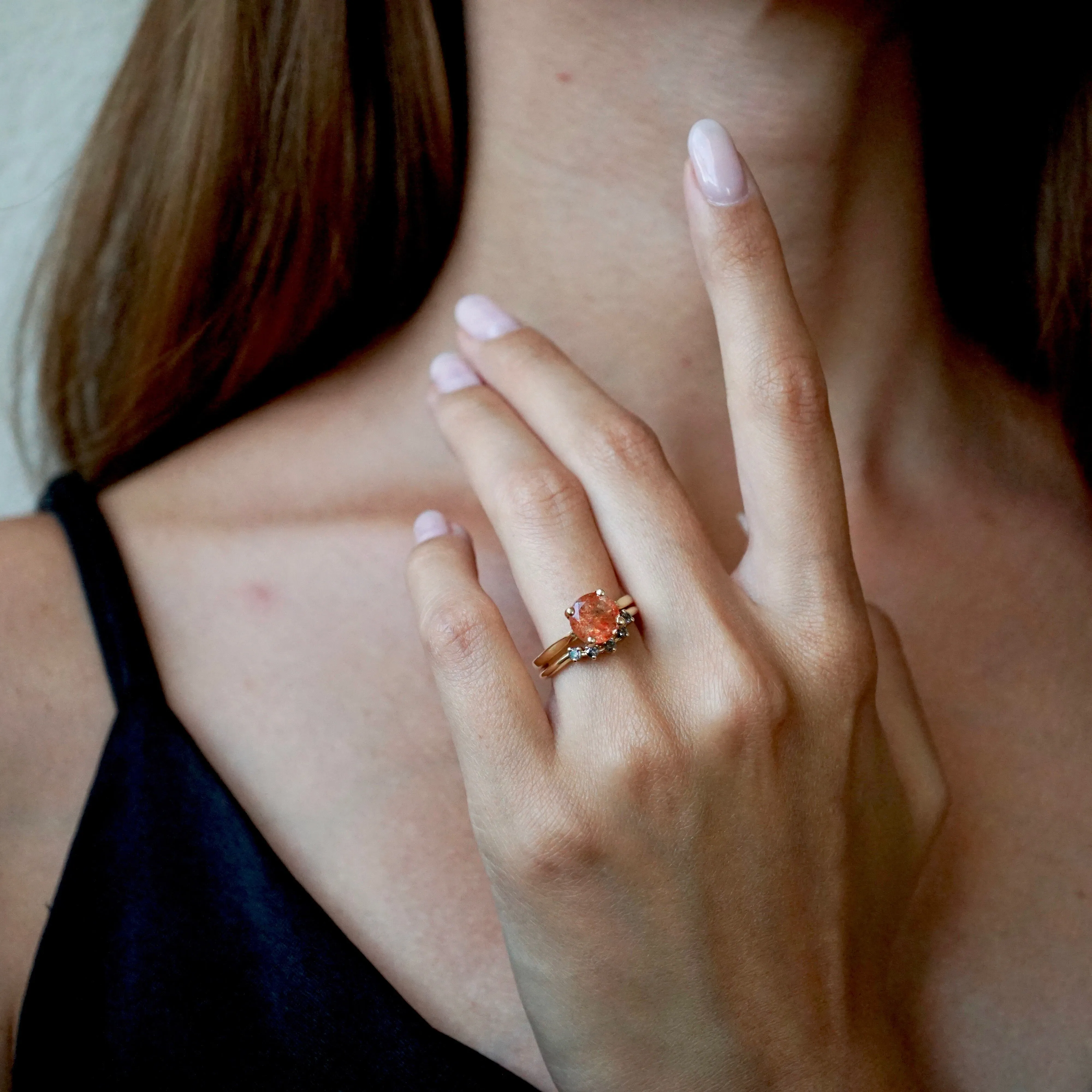 Sunstone Solitaire Ring - Round Sunstone Gold Ring - 14k Sunstone Ring - Orange Sunstone Ring