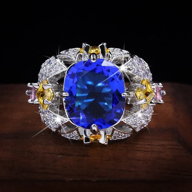 Vintage Jewelry Big Sapphire Ring 925 Sterling Silver