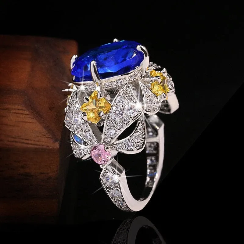 Vintage Jewelry Big Sapphire Ring 925 Sterling Silver